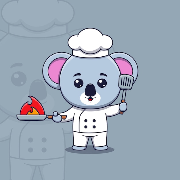 Cute koala chef holding spatula and burning frying pan