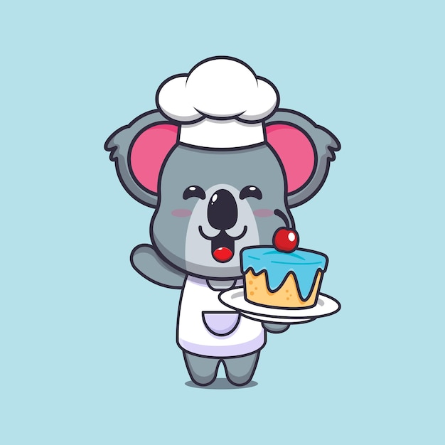 Cute koala chef mascot cartoon character with cake