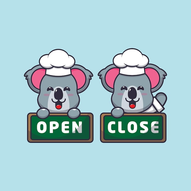 cute koala chef mascot cartoon character with open and close board