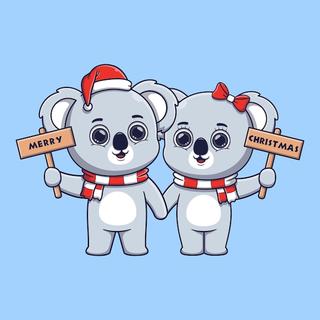 Cute koala couple holding wooden board with christmas greetings