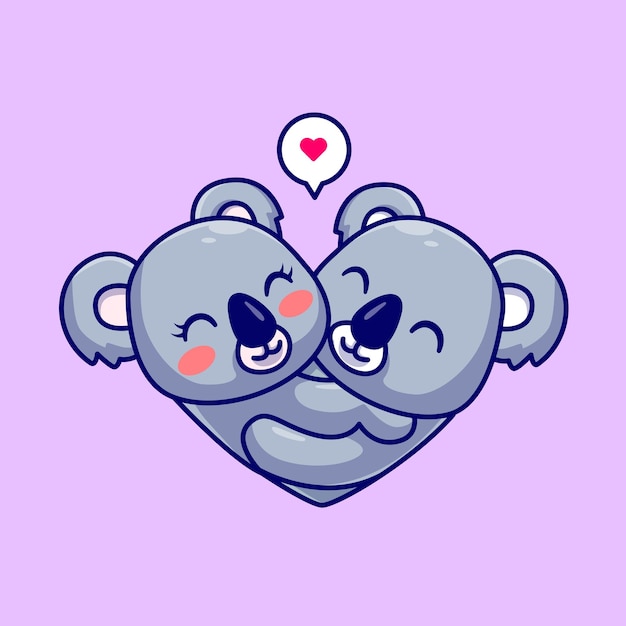 Cute koala couple hug with love heart cartoon vector icon illustration. animal nature icon isolated