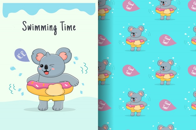 Cute koala doughnut swim ring seamless pattern and card