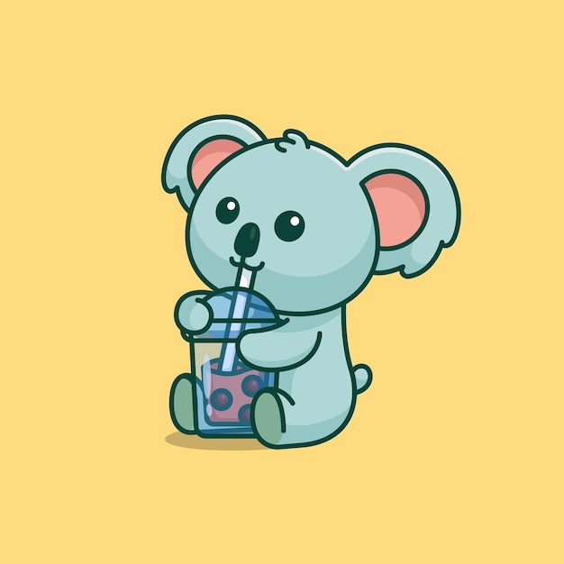 Cute koala drink boba milk tea simple cartoon vector icon illustration animal drink