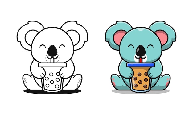 Cute koala drinking bubble tea cartoon coloring pages for kids