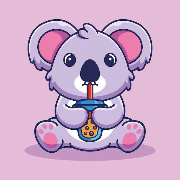 Cute koala drinking with boba ice tea cartoon vector illustration