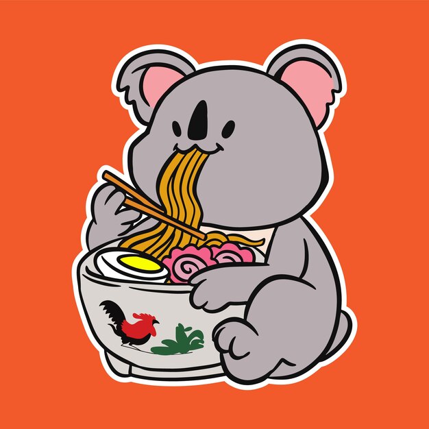 cute koala eating ramen noodle cartoon illustration