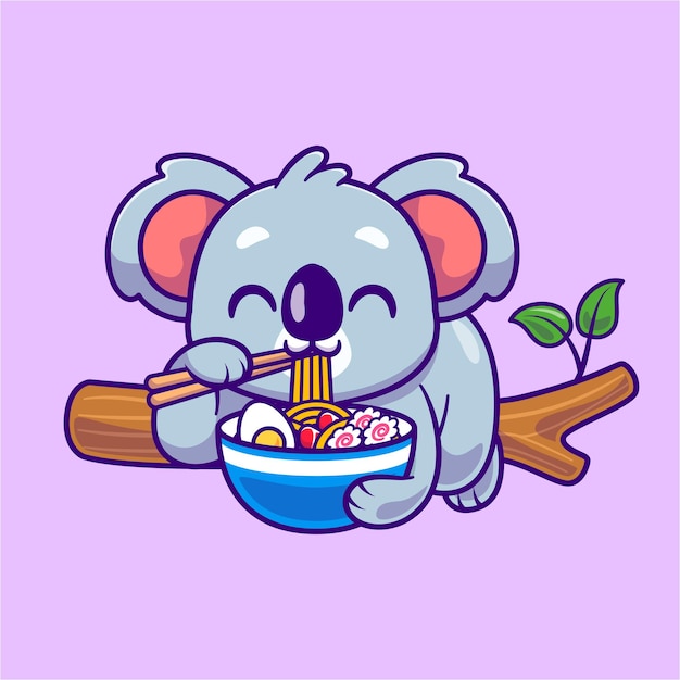 Симпатичная коала ест рамэн на ветке мультфильм векторная икона иллюстрация иконы корма для животных изолированная квартира