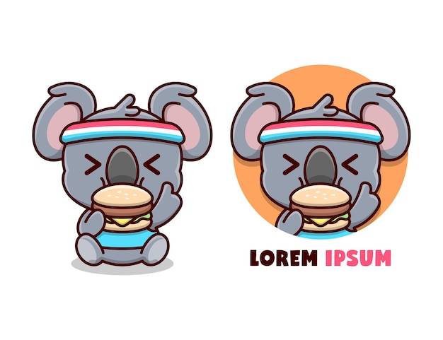 Koala sveglio in abito da esercizio mangiare una grande mascotte dei fumetti burger