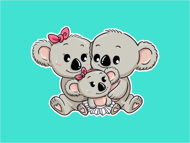 かわいいコアラ家族がお互いを抱きしめるキャラクターイラスト