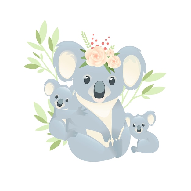 Cute koala family mother with children sit on the ground cartoon animal design flat vector illustration isolated on white background