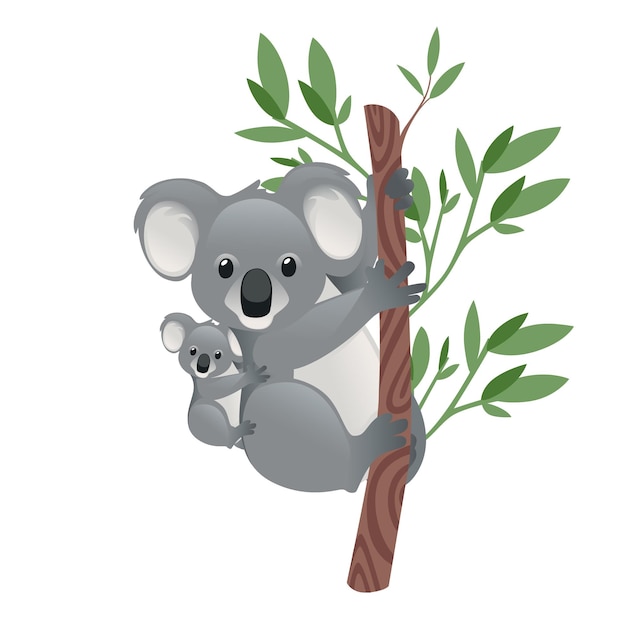 Cute koala family mother with children sit on the tree cartoon animal design flat vector illustration isolated on white background