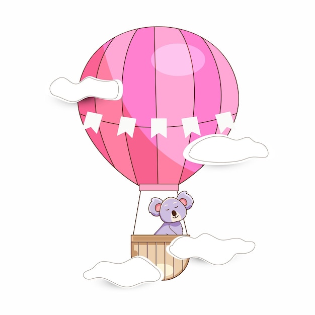 Cute koala flying in hot air balloon illustration