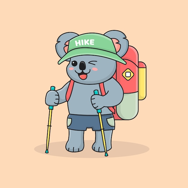 Cute koala hiker with trekking pole, hat and backpack