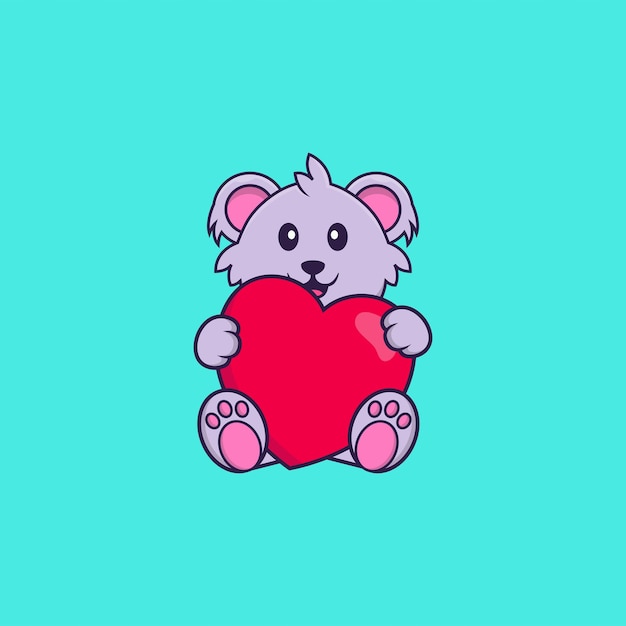 Cute koala holding a big red heart. Animal cartoon concept isolated.