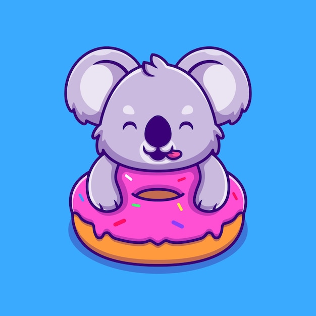 Cute koala holding doughnut cartoon character. animal food isolated.