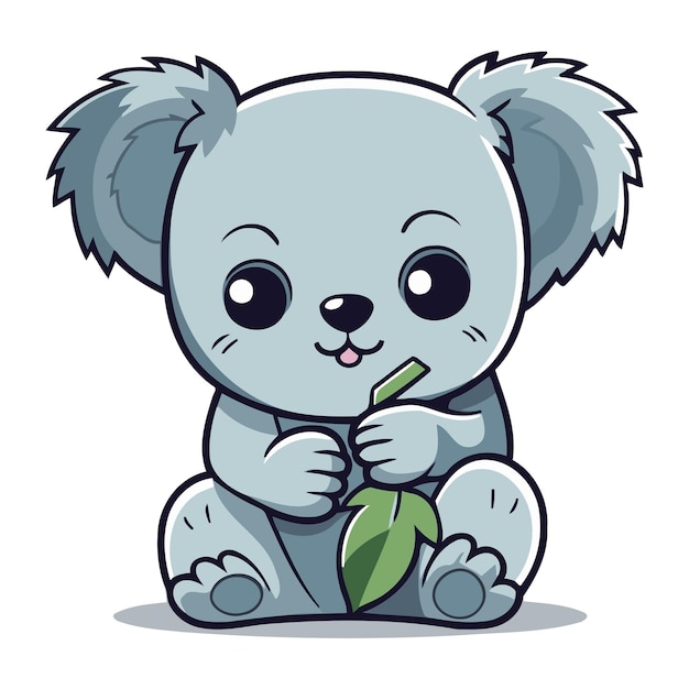 Cute koala holding green leaf isolated on white background vector illustration