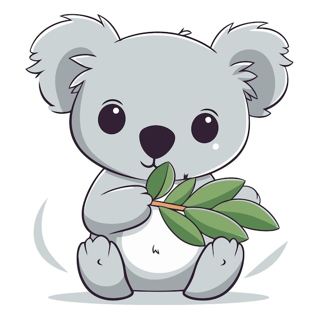 Vector cute koala holding a green leaf vector cartoon illustration