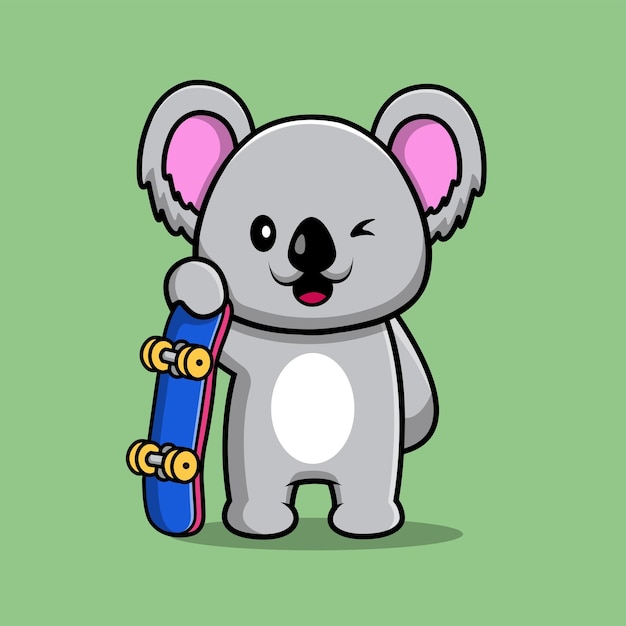 Cute Koala Holding Skateboard Cartoon Vector Icon Illustration