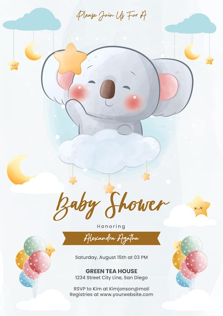 Vector cute koala holding star on clouds in watercolor style baby shower invitation
