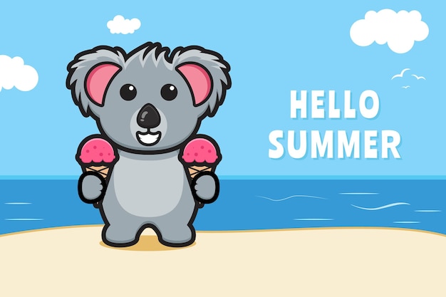 Cute koala and ice cream with a summer greeting banner cartoon icon illustration