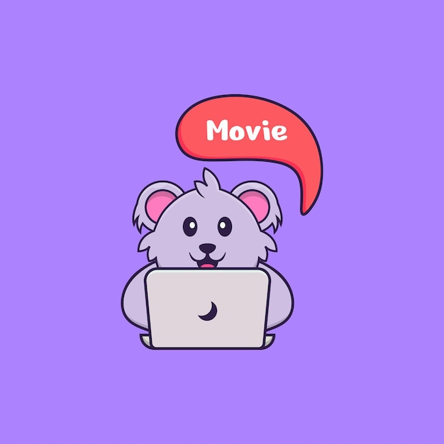 かわいいコアラが映画を見ています。分離された動物漫画の概念。