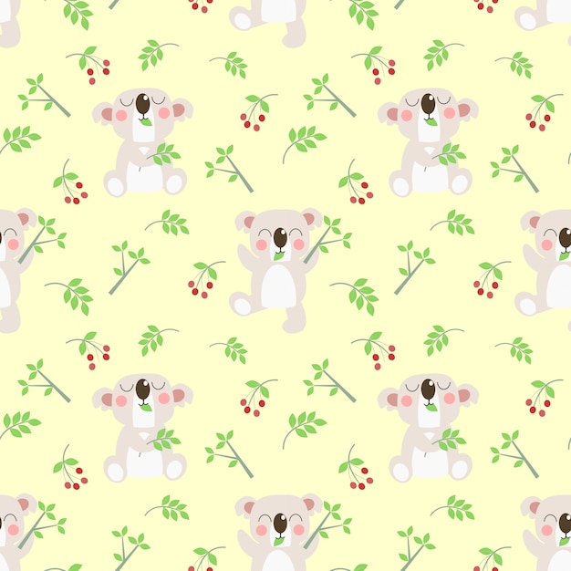 Cute koala and leaves on yellow pastel color background.