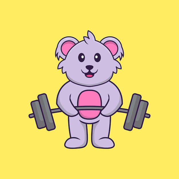 Cute koala lifts the barbell. Animal cartoon concept isolated. Flat Cartoon Style