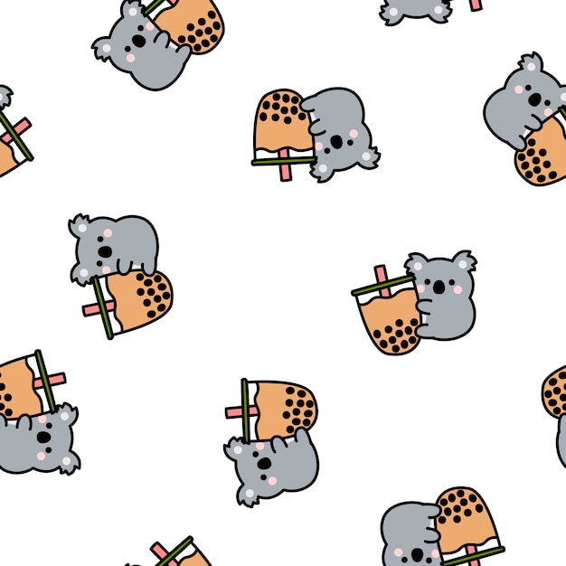 Cute koala loves bubble tea cartoon seamless pattern, vector illustration