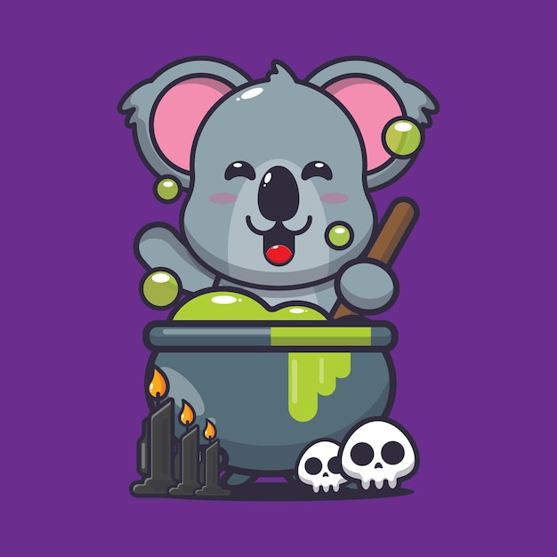 Cute koala making potion poison helloween cute halloween cartoon vector illustration