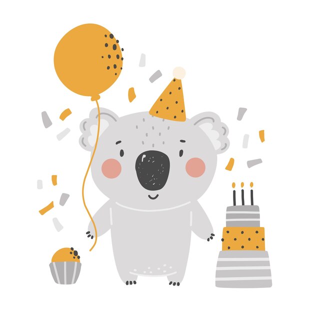 Vector cute koala in a party hat and with a balloon childrens birthday party cake with candles