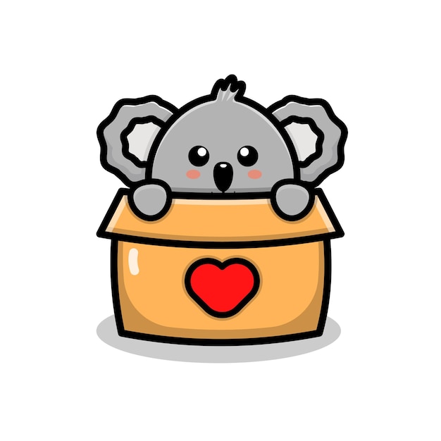 Cute koala play in box cartoon illustration