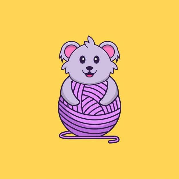 羊毛糸で遊ぶかわいいコアラ。分離された動物漫画の概念。