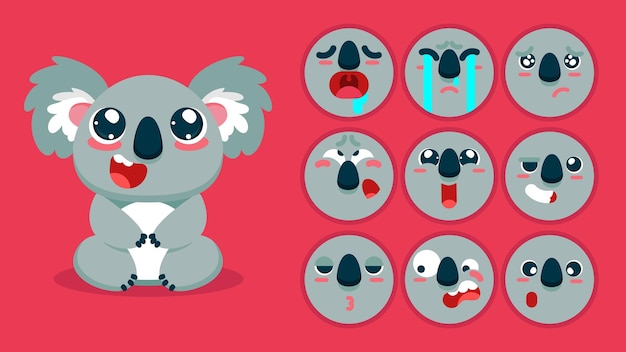 Vector cute koala set of animal emotions tiny koala with emoji collocation sleeping crying sad bored