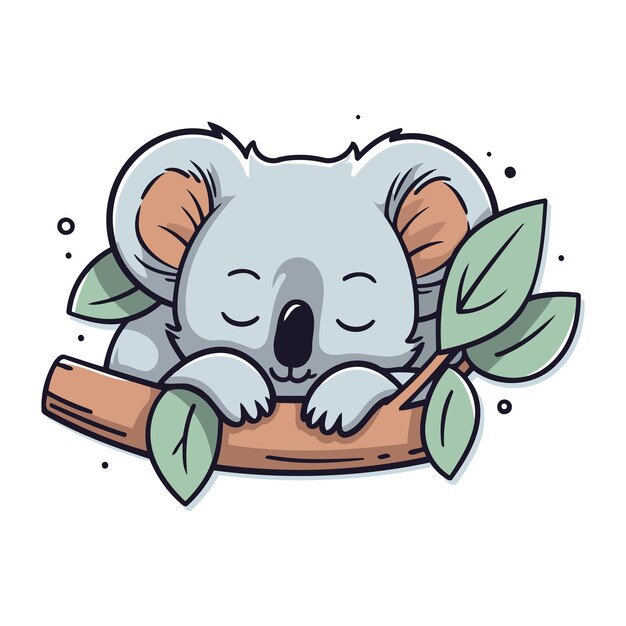 Vector cute koala sleeping on a branch with leaves vector illustration