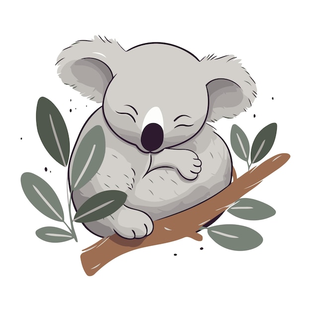 Cute koala sleeping on eucalyptus branch vector illustration