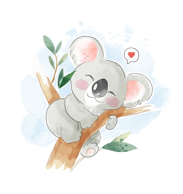 木のイラストで眠っているかわいいコアラ プレミアムベクター