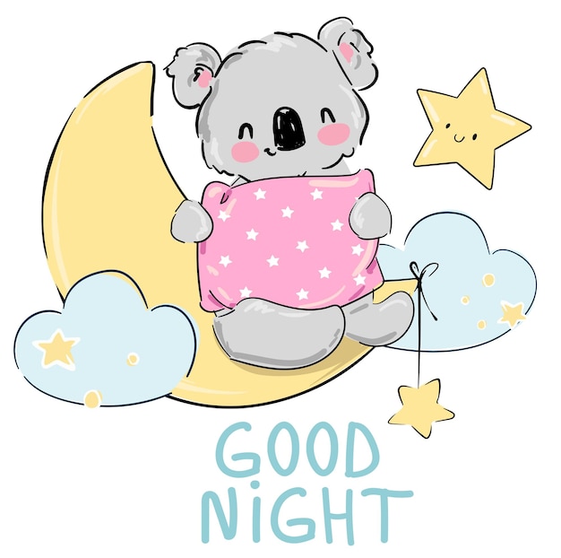 Cute Koala sleeps on the Moon Vector illustration Print for home clothes pajamas