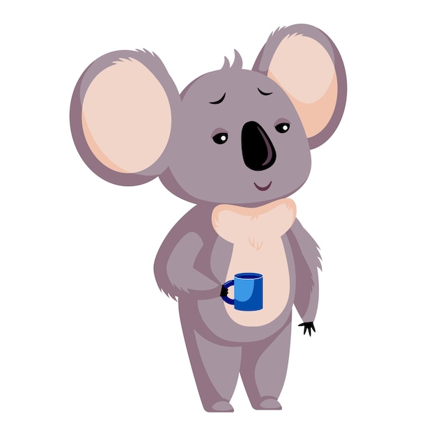 Симпатичная коала сонная на белом фоне Мультипликационный персонаж пьет кофе
