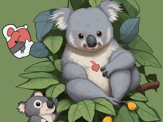 Vettore un simpatico adesivo koala seduto a terra con la mamma