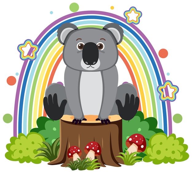 Cute koala on stump in flat cartoon style