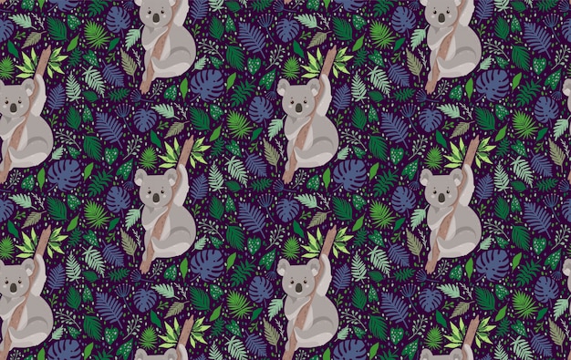 Cute koala surrounded by leaves. Summer vector seamless pattern in trendy style