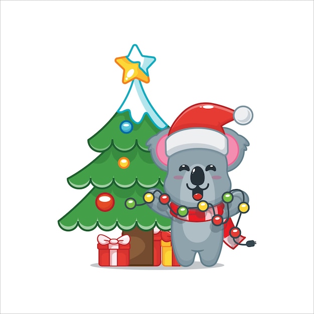 Симпатичная коала хочет починить рождественский свет Симпатичная рождественская карикатура