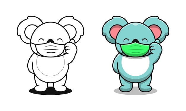 Cute koala wearing mask cartoon coloring pages for kids