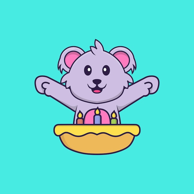 Cute koala with birthday cake. Animal cartoon concept isolated. Flat Cartoon Style