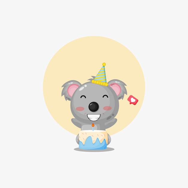 Cute koala with birthday cake cartoon illustration