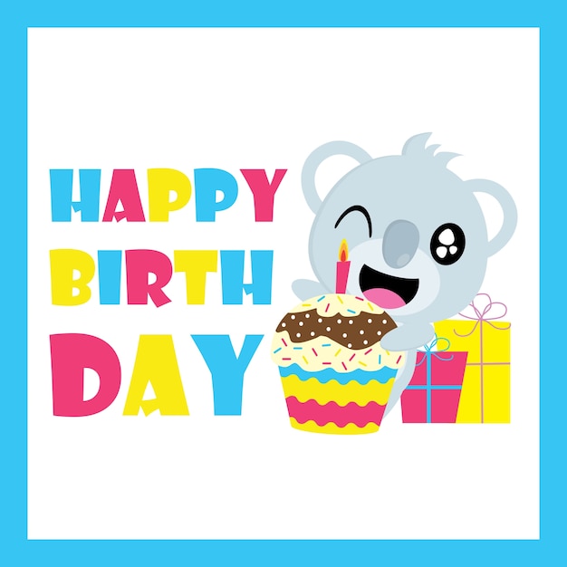 Cute koala con il bigné di compleanno e regali vettore cartone animato, cartolina di compleanno, carta da parati e biglietto di auguri, design t-shirt per i bambini