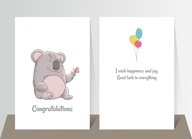 Cute koala with butterfly on finger. hand drawn doodle poster template with airballs. cute cartoon bear character