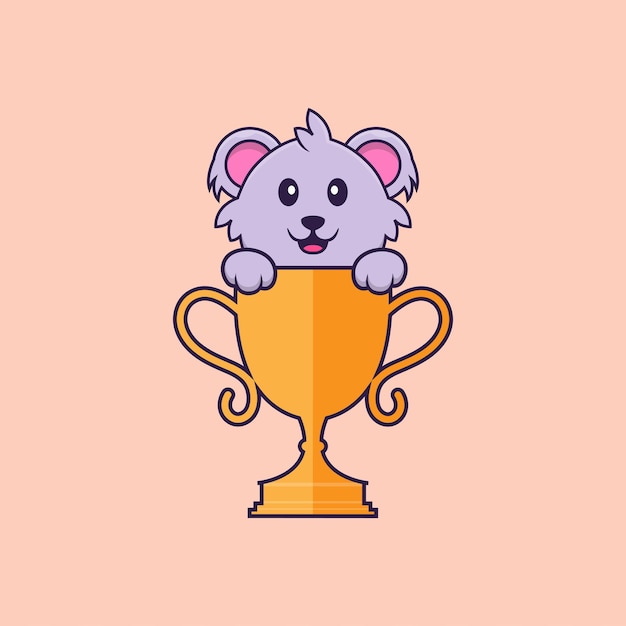 Vector cute koala with gold trophy. animal cartoon concept isolated.