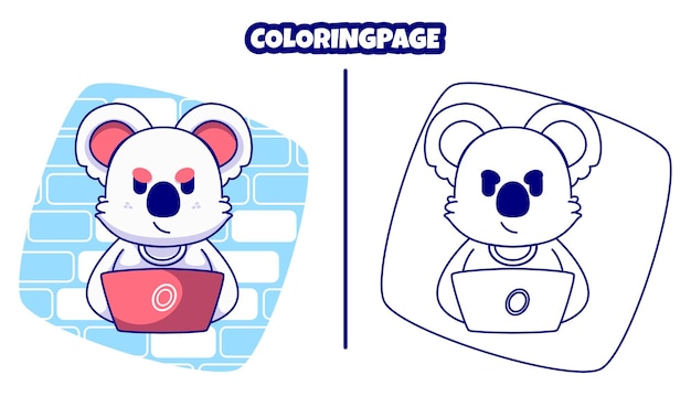 Vector cute koala with laptop with coloring pages suitable for kids