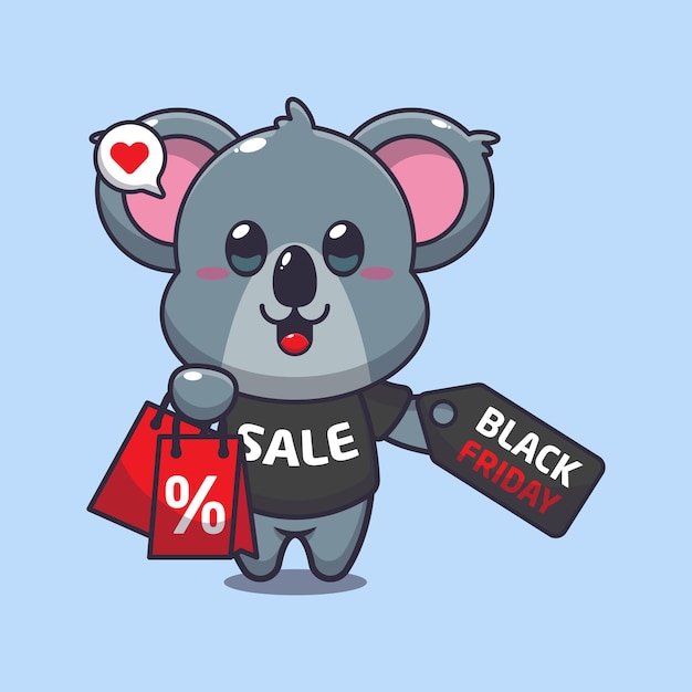 Cute koala with shopping bag and black friday sale discount cartoon vector illustration
